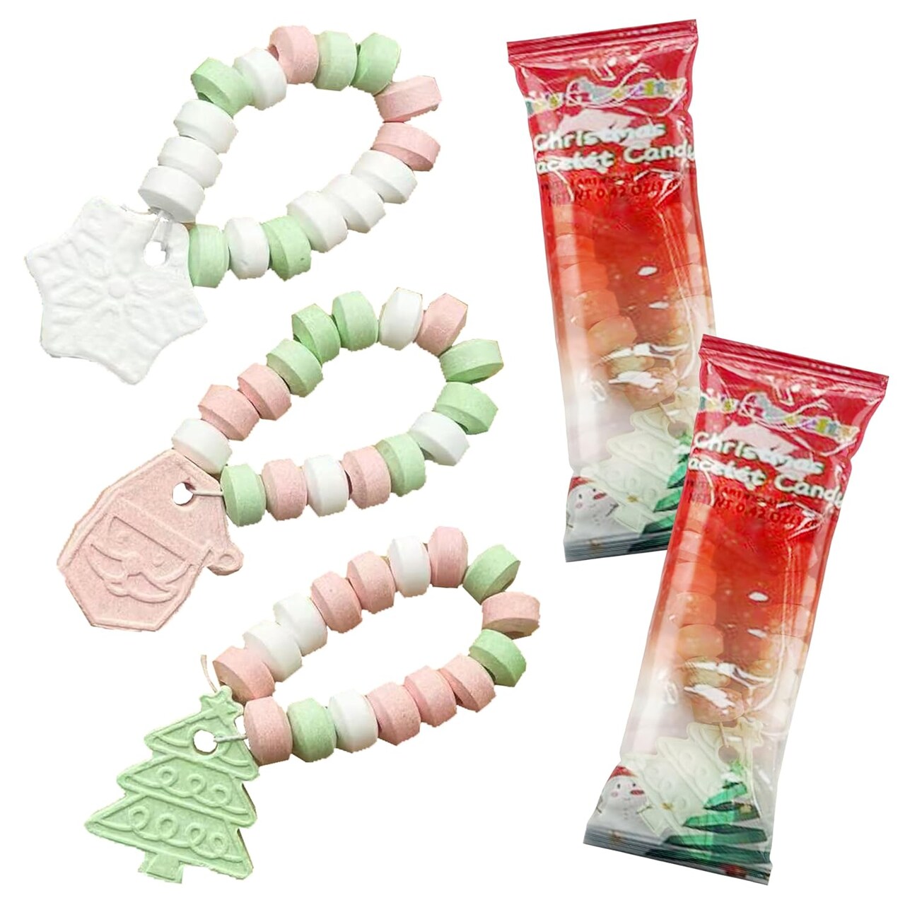 4E's Novelty Christmas Candy Bracelets, 30-Pack Bulk Candies with Festive Santa, Tree & Snowflake Charms, Tasty Strawberry, Fruits For Christmas Stocking Stuffers, Party Favor Candies & School Treats